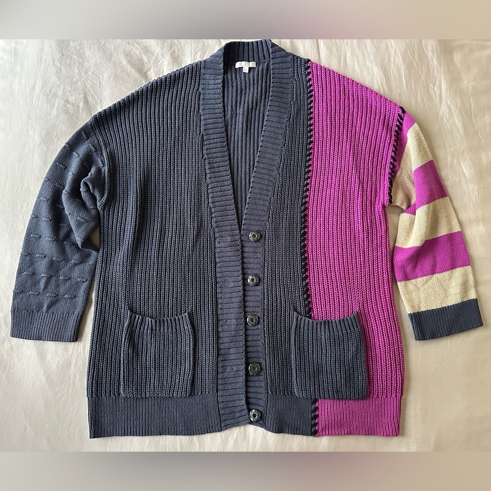 Lisa Todd Colorblock Cardigan Sweater XL Cotton Knit